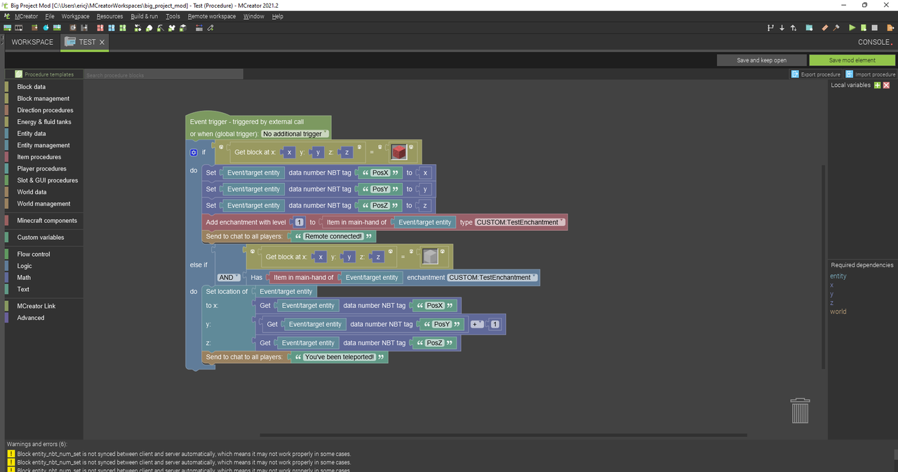 Big Project Mod [C__Users_ericj_MCreatorWorkspaces_big_project_mod] - Test (Procedure) - MCreator 20