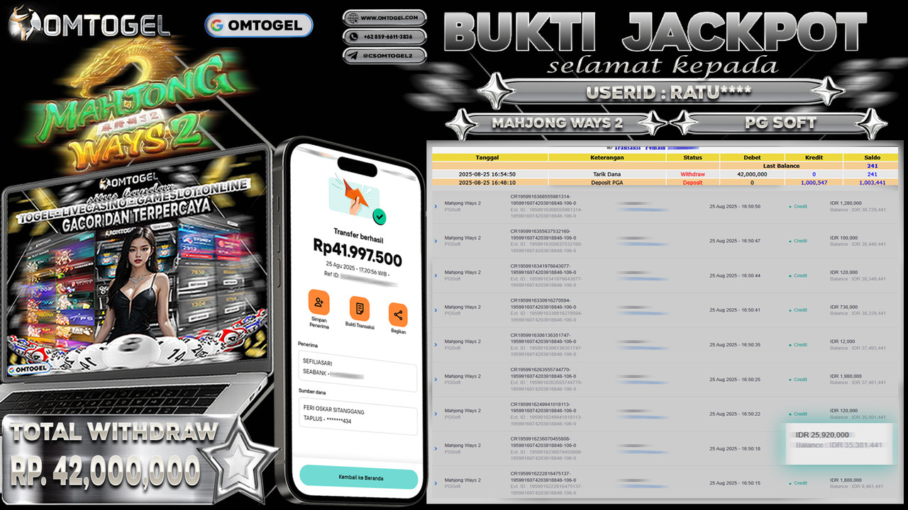 OMTOGEL JACKPOT PGSOFT MAHJONG WAYS 2 42 JUTA DI BAYAR LUNAS ,-