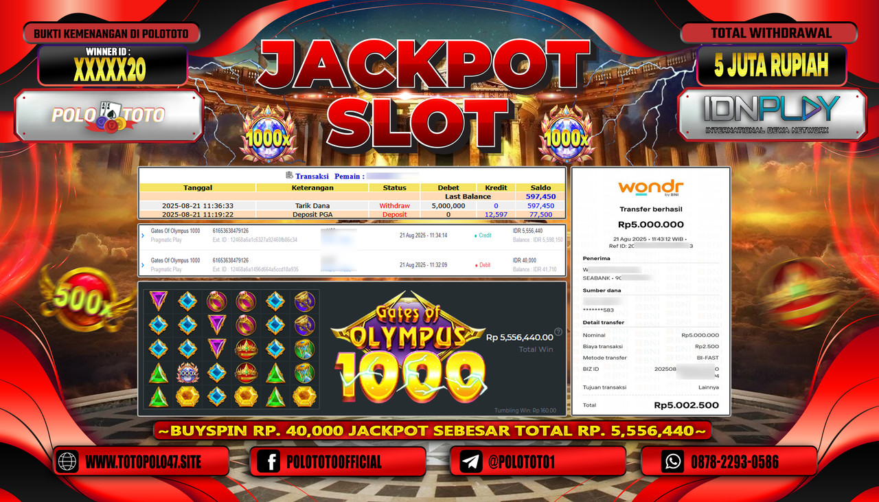 POLOTOTO JACKPOT SLOT GATES OF OLYMPUS Rp.5.000.000,- LUNAS