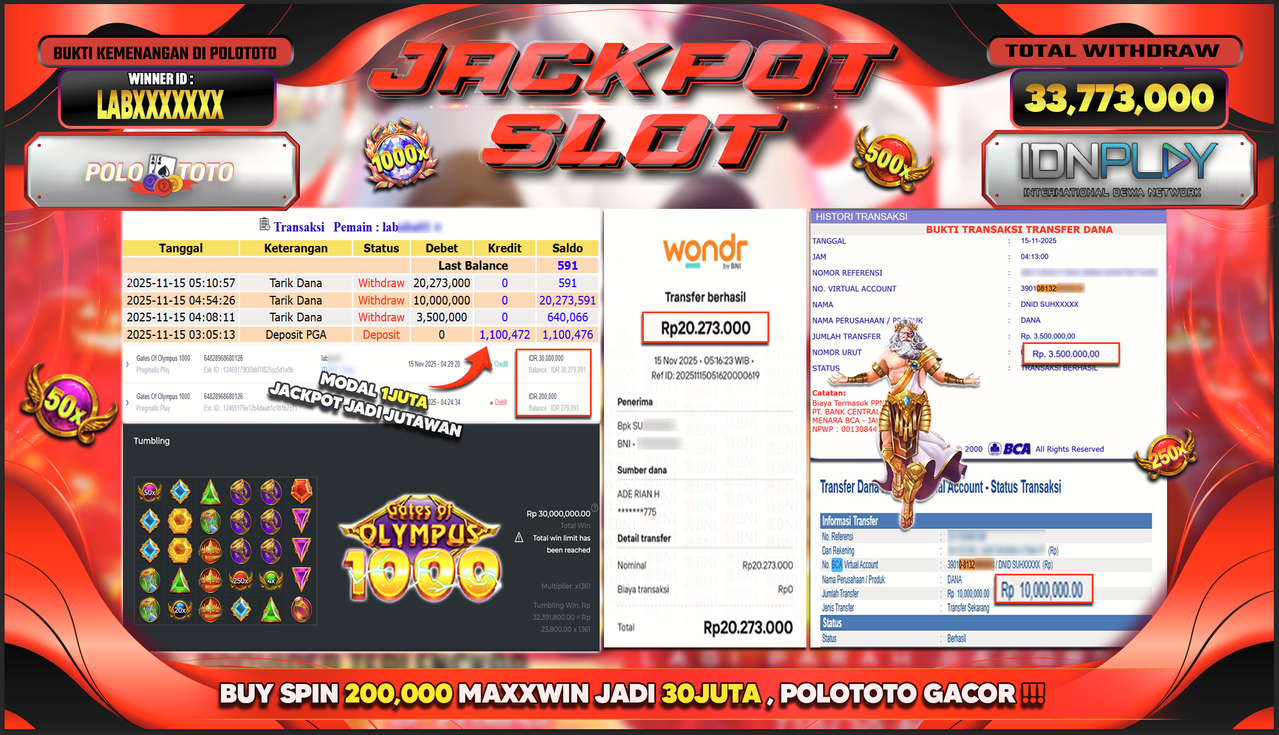 POLOTOTO JACKPOT SLOT GATES OF OLYMPUS 1000 Rp.20.273.000,- LUNAS