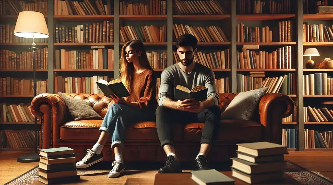 Un homme et une femme lisant des livres sur un canapé en cuir dans une bibliothèque boisée et chaleureusement éclairée