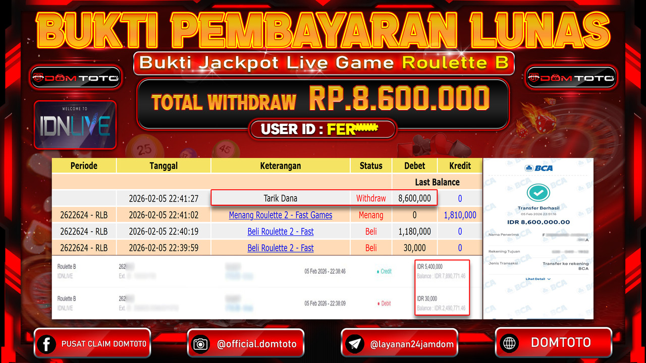 JACKPOT LIVE GAME ROULETTE B IDNLIVE 05 FEBRUARI 2026