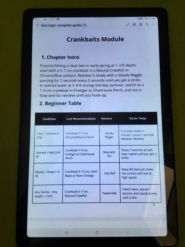 Bass angler viewing the Bass Lure Logic crankbait decision table