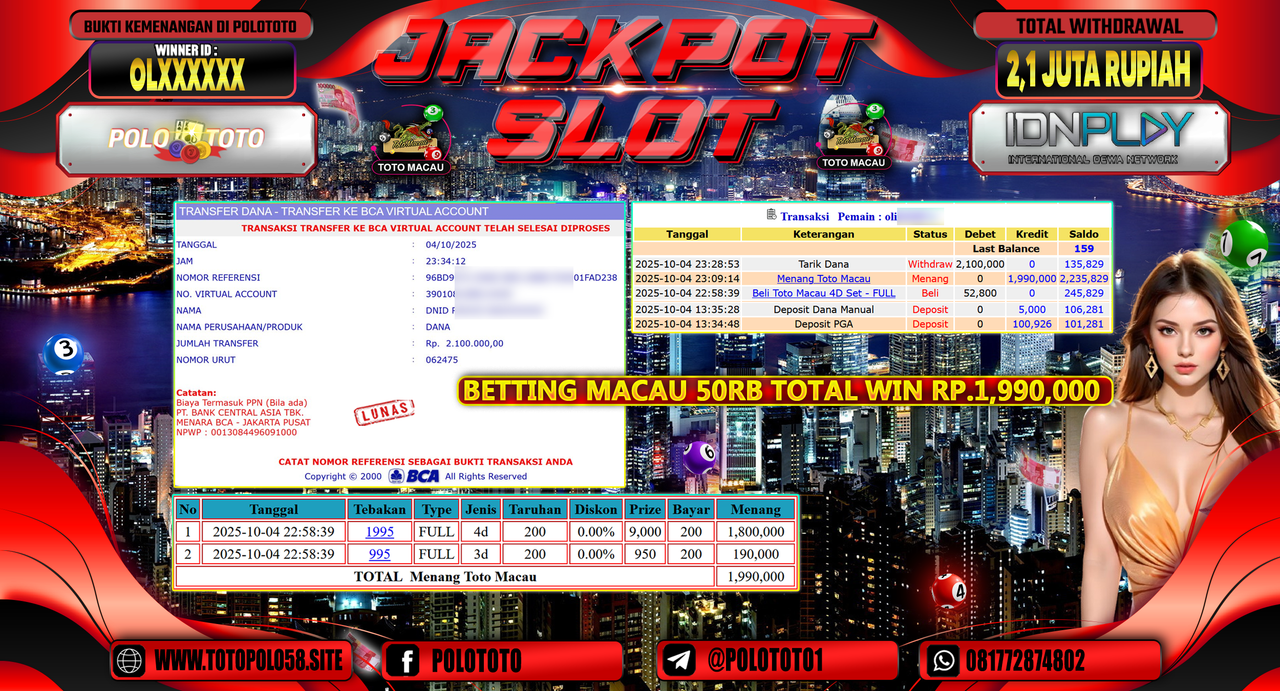 POLOTOTO JACKPOT TOGEL TOTO MACAU Rp.2.100.000,- LUNAS