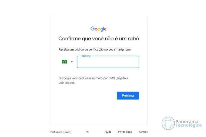 Página de criação de conta do Gmail com campo para colocar o código de verificação.