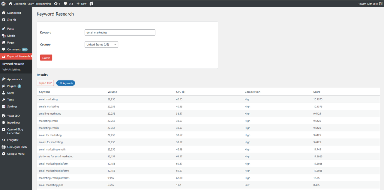 VebAPI Keyword Research Screenshot