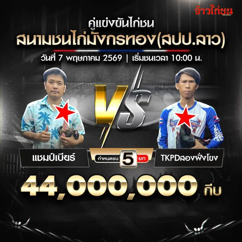 โปรแกรมไก่ชน สนามชนไก่มังกรทอง 7 พฤษภาคม 2569 แชมป์เบียร์ vs TKPDสองฝั่งโขง