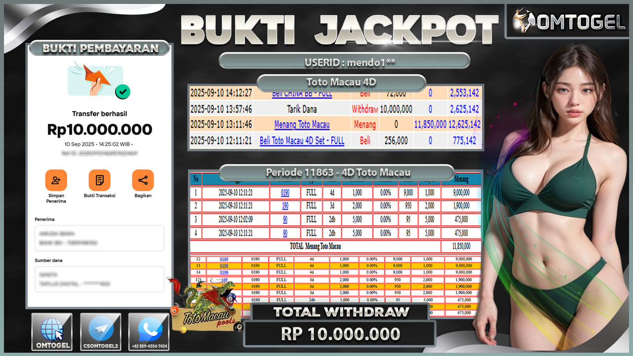 OMTOGEL JACKPOT TOTO MACAU 4D 3D 2D 10 JUTA DI BAYAR LUNAS ,-