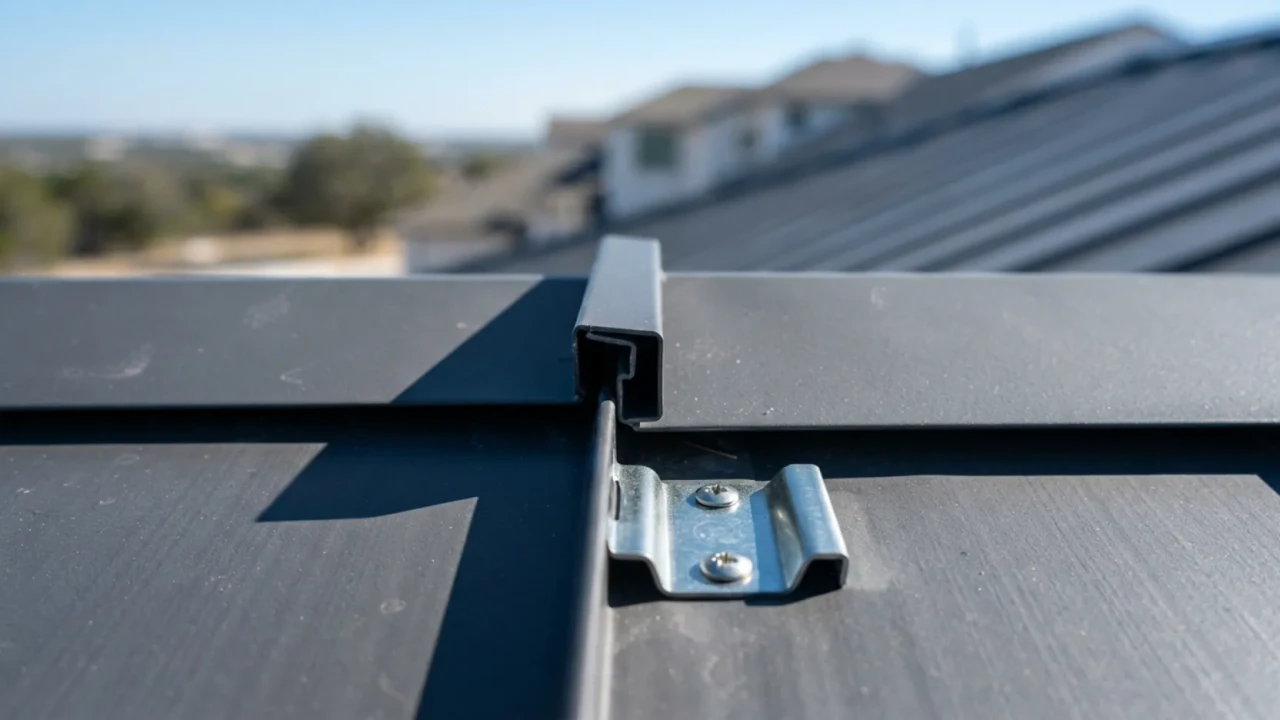 Closeup of a standing seam metal roof panel connection showing the hidden fastener system and tight seam quality on a San Antonio home