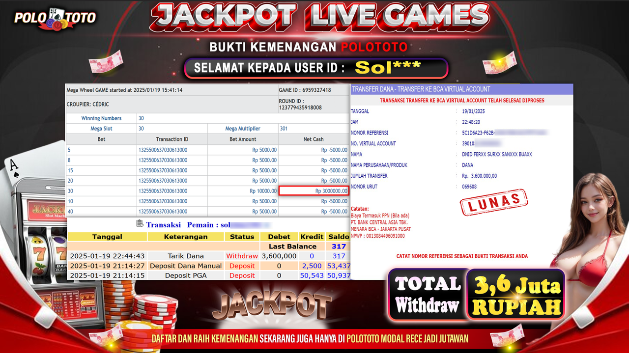 POLOTOTO JACKPOT LIVE GAMES MEGA WHEEL Rp.3,600.000,-