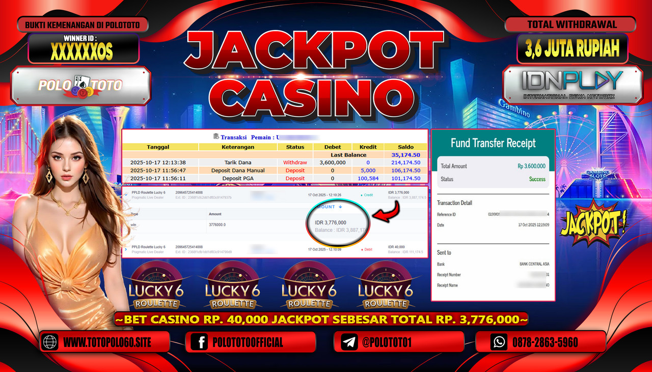 POLOTOTO JACKPOT CASINO PPLD ROULETTE LUCKY 6 Rp.3.600.000,- LUNAS