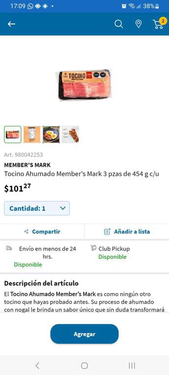 Sam's Club: Tocino ahumado members mark, 1.362 grs 
