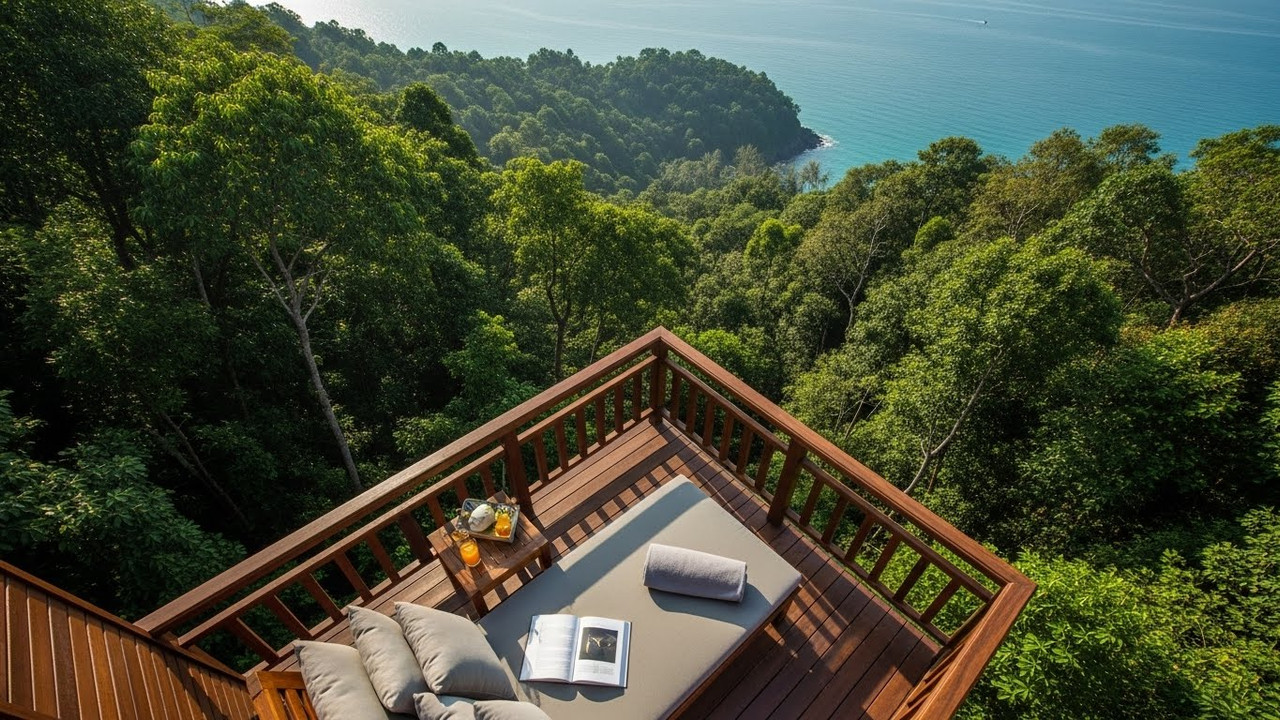 Passarelas de madeira do resort em meio à floresta