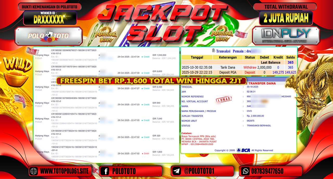 POLOTOTO JACKPOT SLOT MAHJONG WAYS Rp.2.000.000,- LUNAS