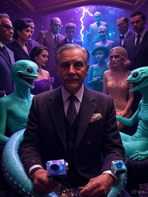 Frank Nitti overseeing peace in a 2025 cosmic Kraken therapy with all characters, kestrels flying