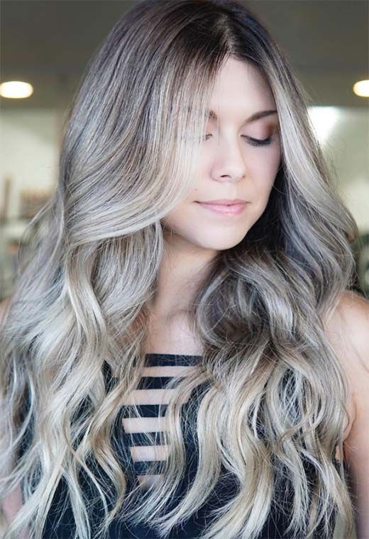 Dark hair ash blonde balayage on cool skin tone girl