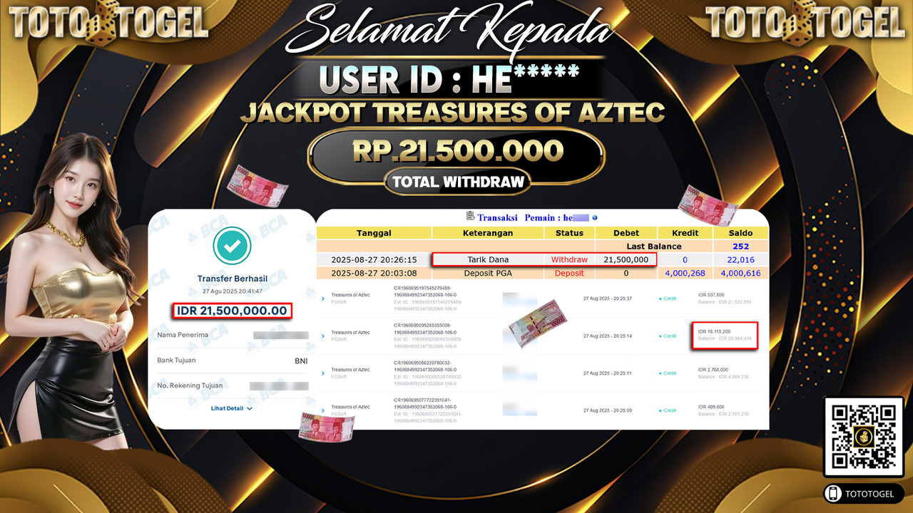 Bukti Pembayaran Jackpot Permainan Slot Treasures Of Aztec ID:HE***** LUNAS