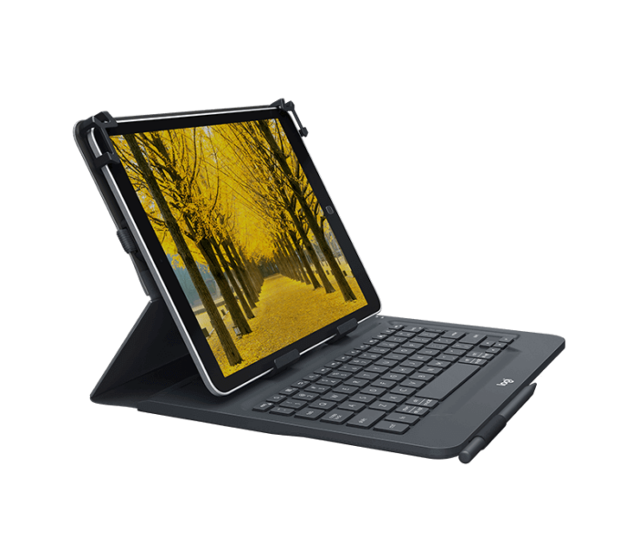 Sistema de esquinas estirables de la funda Logitech Universal Folio que se ajusta a diferentes tamaños de tablet.