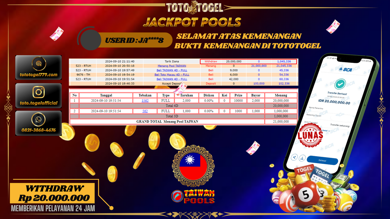 Bukti Kemenangan Permainan Togel Taiwan Pools Dengan ID : JA****8  Terbayar Lunas!!