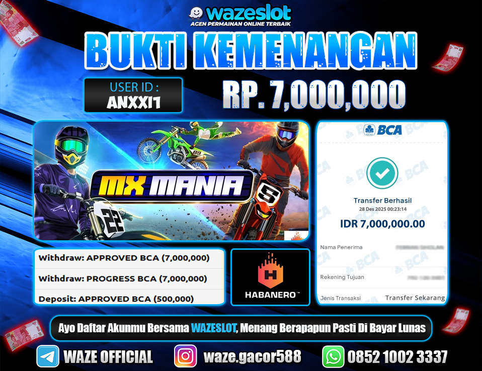BUKTI KEMENANGAN 28 DESEMBER 2025 GAME MX MANIA (HABANERO)