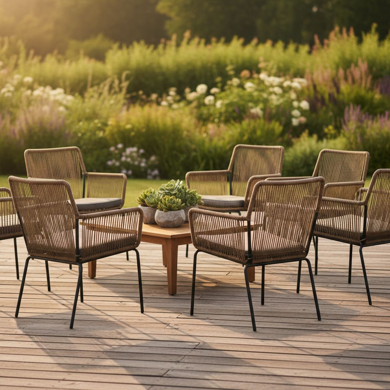 Современные уличные стулья из погодоустойчивых материалов, расставленные на открытой террасе для мероприятия на свежем воздухе.