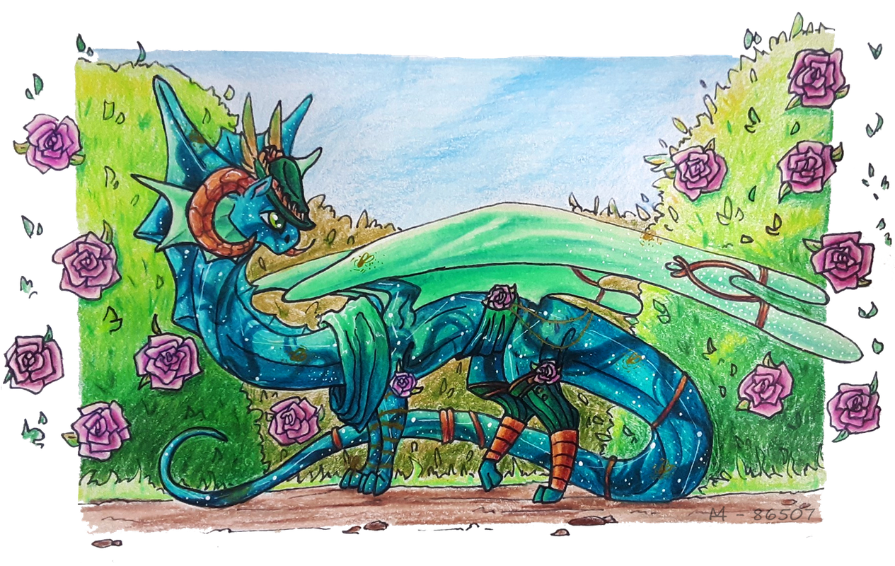 Fullbody art of Torquil outside with roses.