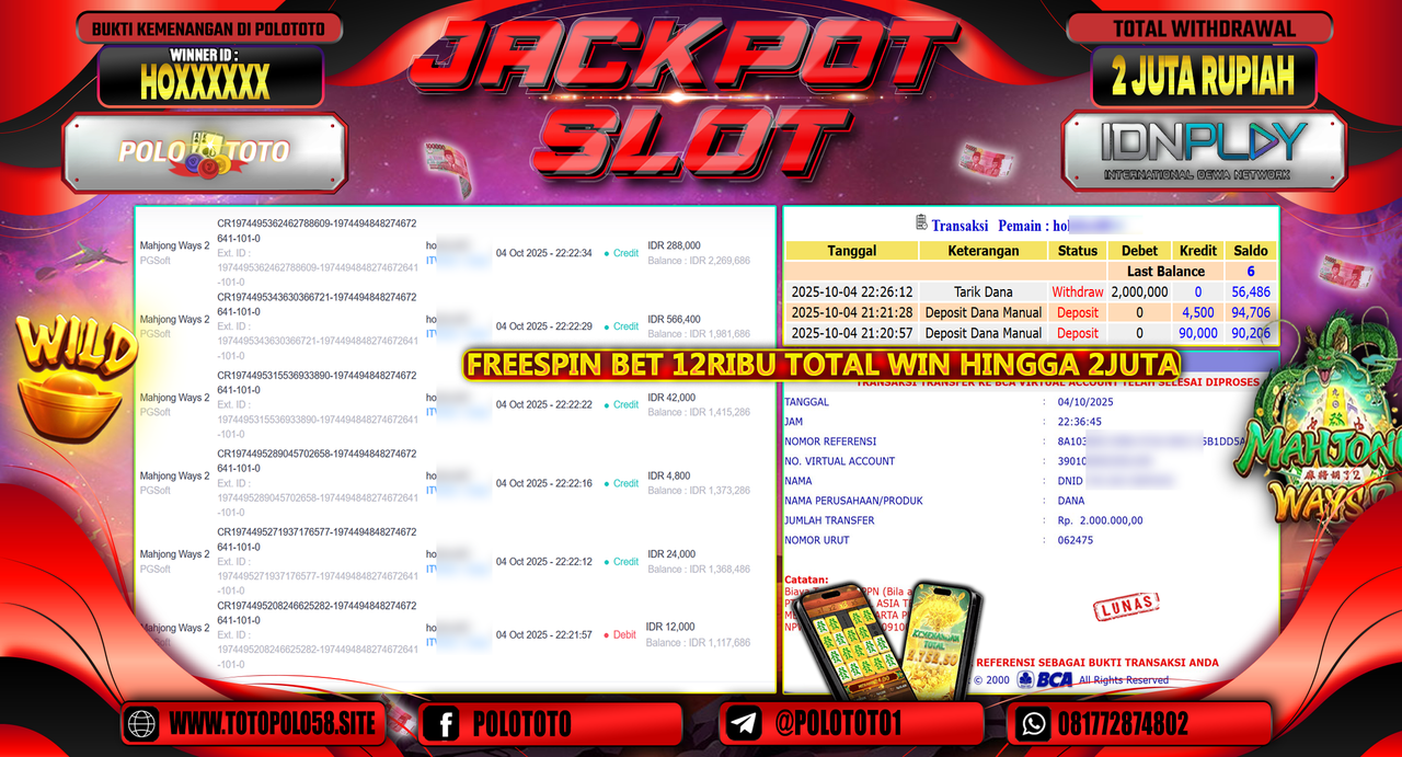 POLOTOTO JACKPOT SLOT MAHJONG WAYS 2 Rp.2.000.000,- LUNAS
