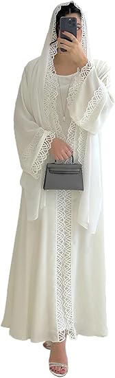 Open Robe Abaya Set with Lace Trim and Chiffon Headscarf