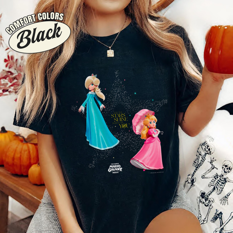 B0GS7FCH7F The Super Mario Galaxy Movie Starry Princess Duo Long Sleeve T Shirt Black Comfort Colors