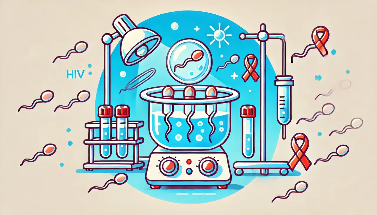 Illustration of the sperm washing process, removing HIV from seminal fluid for safe surrogacy.