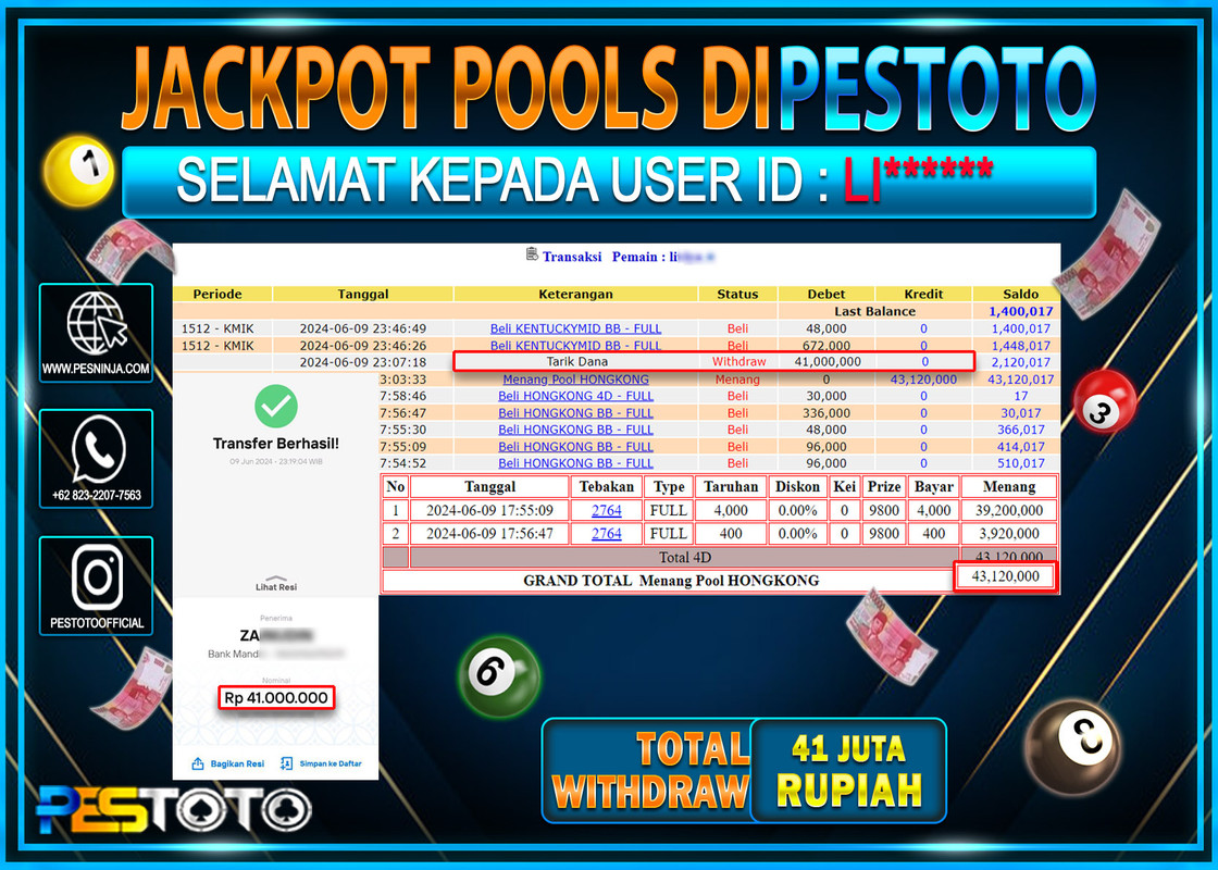 HANYA DI PESTOTO JP PASTI DI BAYAR LUNAS DAN CEPAT!!!!!! JP TOGEL { HONGKONG } Rp.41.000.000 !!!!!