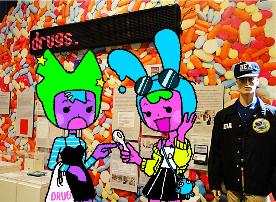 Silly and Poo looking at a dirty crackpipe in a drug store
