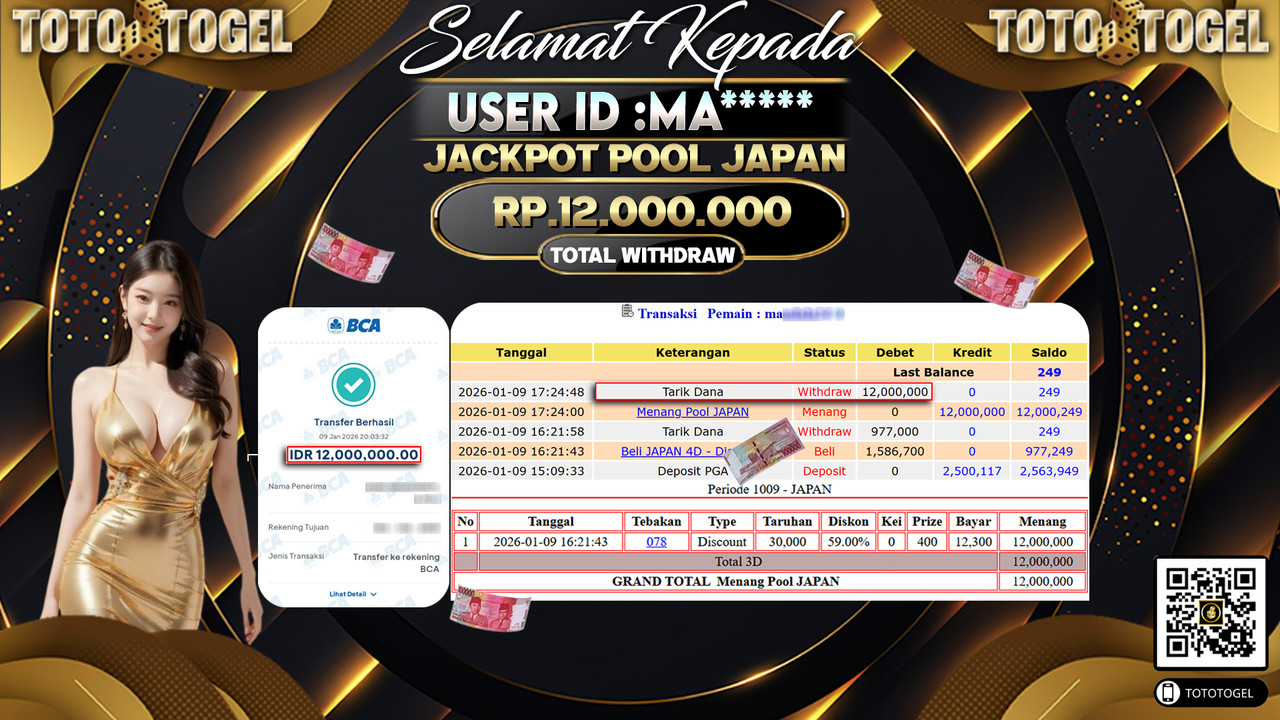 Bukti Pembayaran Jackpot Permainan Togel Japan Pool  ID:MA**** LUNAS