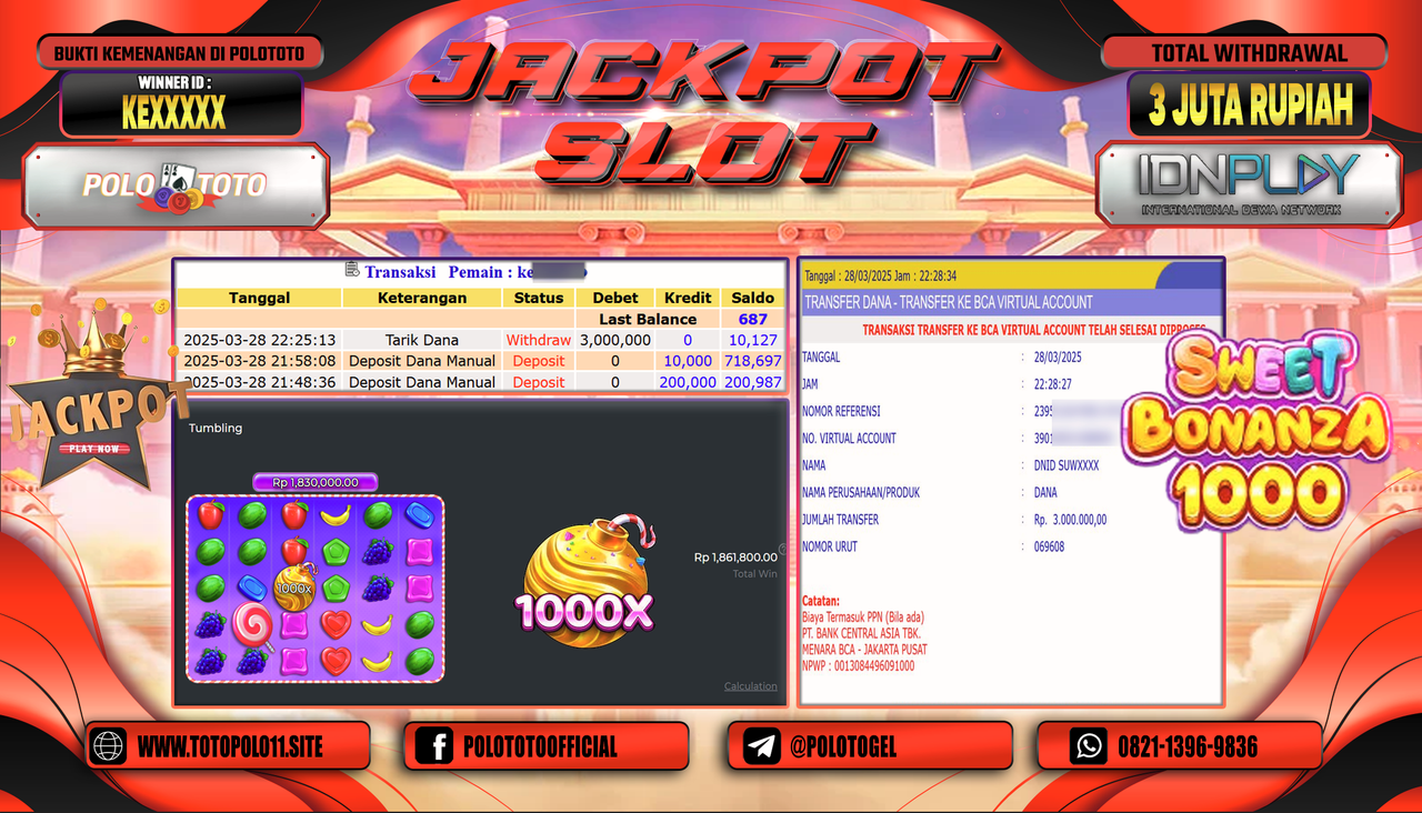 POLOTOTO JACKPOT SLOT SWEET BONANZA 1000  Rp.3.000.000,-