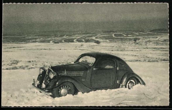 AK Auto Skoda in tief verschneiter Landschaft