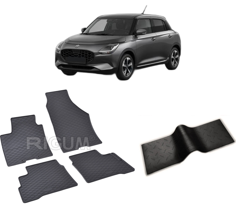 Set covorase auto SUZUKI SWIFT AOL din 2024-PREZENT, cu covoras tunel median, CAROSERIE HATCHBACK, Presuri cauciuc 100%, compatibil cu autoturismul SUZUKI SWIFT AOL, Rigum