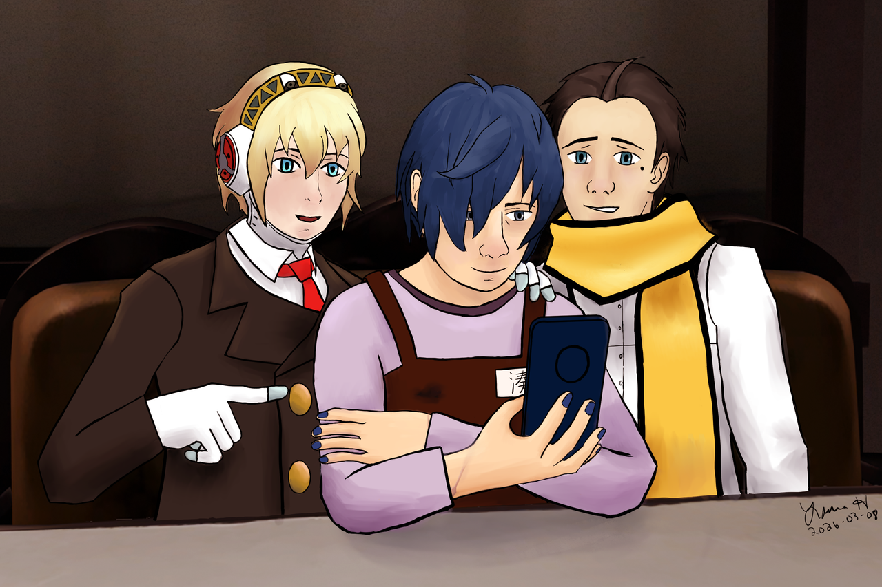 Digital art of Aigis, Minato, and Ryoji sitting at a table in Leblanc. Minato is holding a phone and smiling while Aigis grins and points at the screen, and Ryoji looks vaguely alarmed.