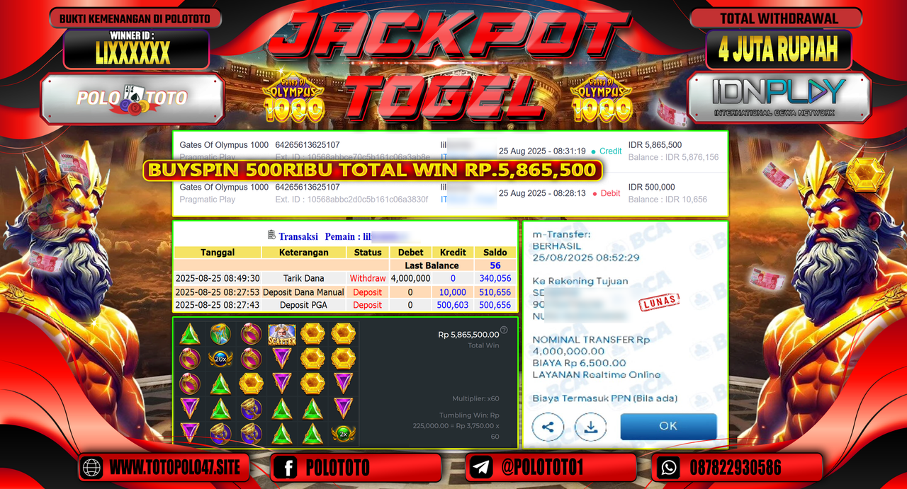 POLOTOTO JACKPOT SLOT GATES OF OLYMPUS 1000 Rp.4.000.000,-