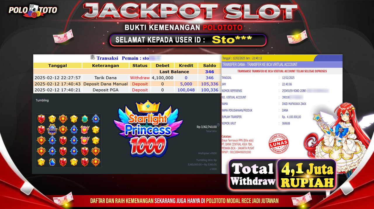 POLOTOTO JACKPOT SLOT STARLIGHT PRINCESS 1000 Rp.4.100.000,-