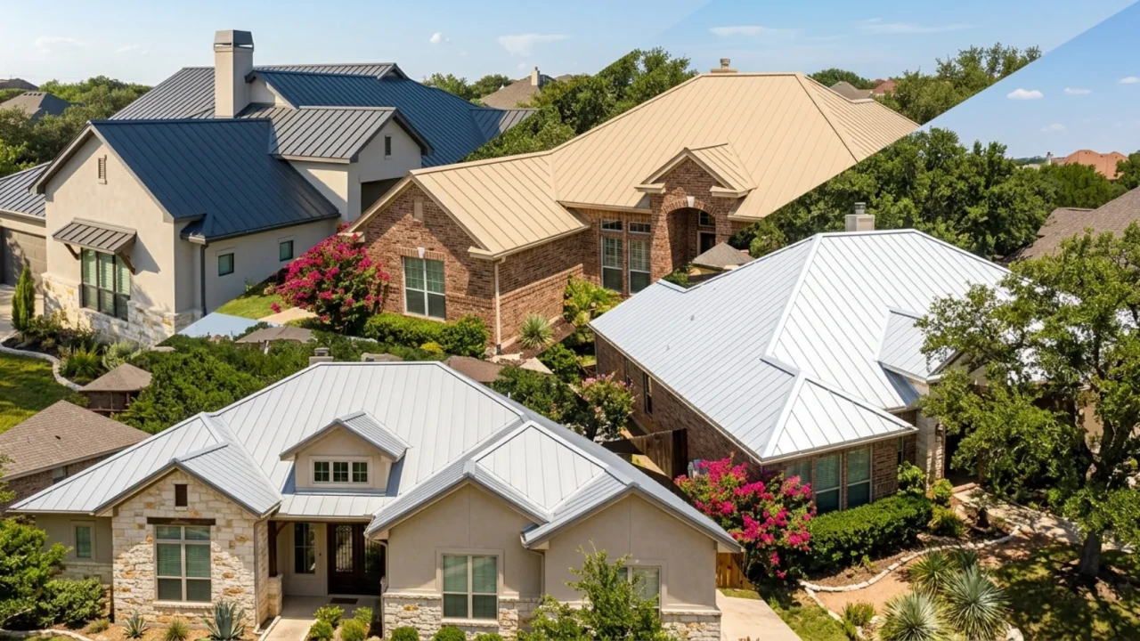 Various metal roof color options displayed on San Antonio homes light gray white tan charcoal