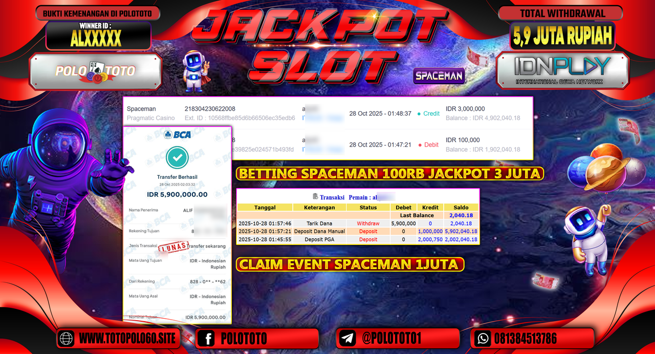 POLOTOTO JACKPOT SLOT SPACEMAN Rp.5.900.000,- LUNAS