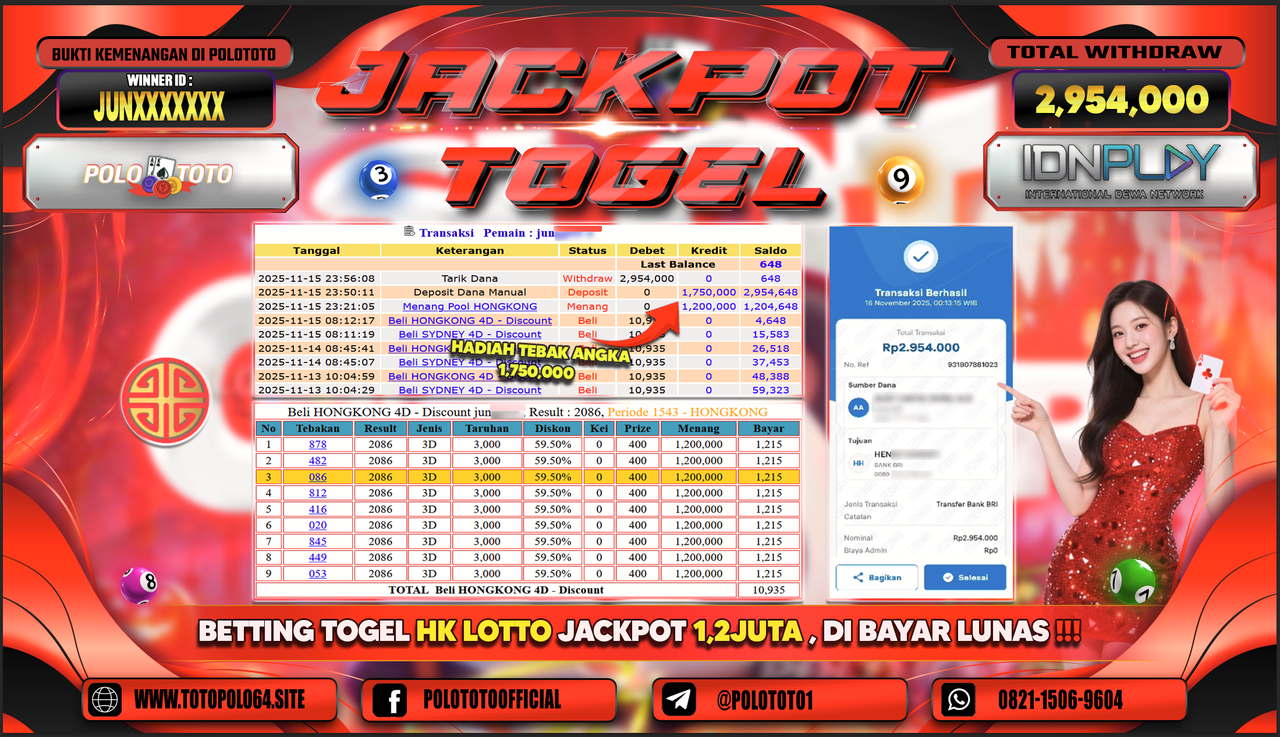 POLOTOTO JACKPOT TOGEL MENANG HONGKONG LOTTO Rp.2.954.000,- LUNAS