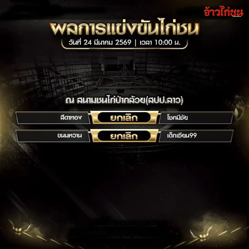 สรุปผลไก่ชน สนามชนไก่ป่ากล้วย(สปป.ลาว) วันอังคารที่ 24 มีนาคม 2569
