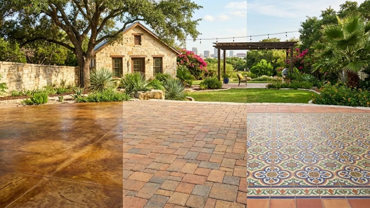 Stained concrete patio cost comparison versus pavers and tile in San Antonio