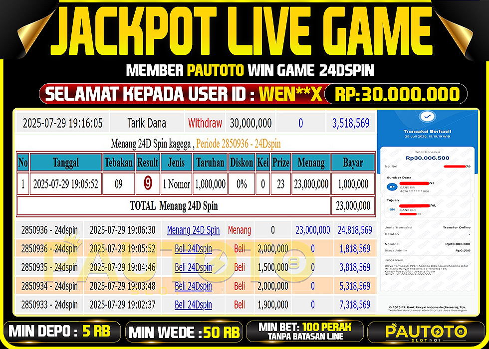BUKTI PEMBAYARAN TGL 29 JULY 2025 MENANG DI PERMAINAN 24D SPIN TOTAL WD 30 JUTA