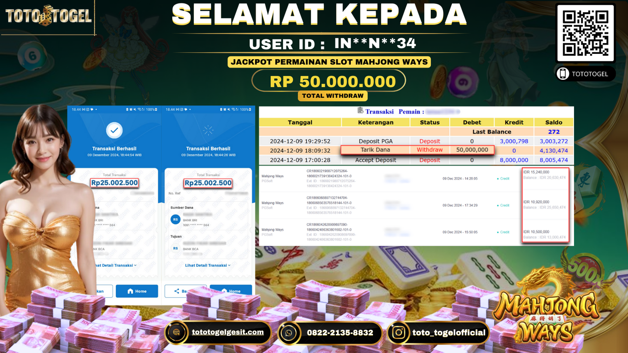 Bukti Pembayaran Jackpot Permainan Slot Mahjong Ways ID: IN**N**34 LUNAS