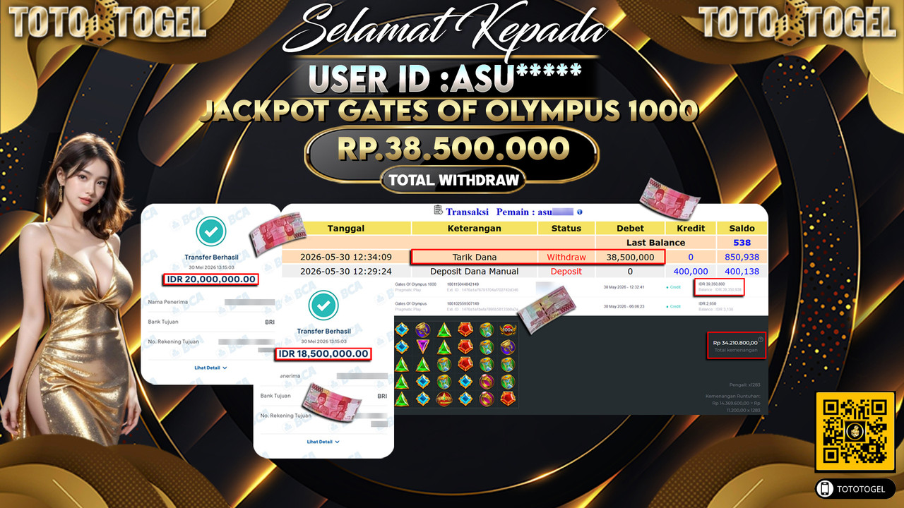 Bukti Pembayaran Jackpot Permainan Slot Gates Of Olympus 1000 ID:ASU*****LUNAS