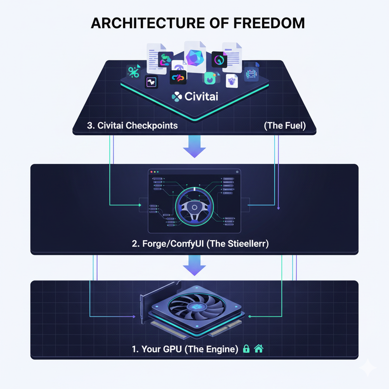 Infographic showing GPU as engine, Forge UI as steering wheel, and Civitai as fuel for local AI