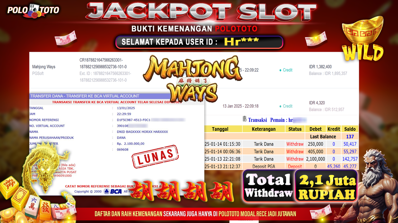 POLOTOTO JACKPOT SLOT MAHJONG WAYS Rp.2,100.000,-