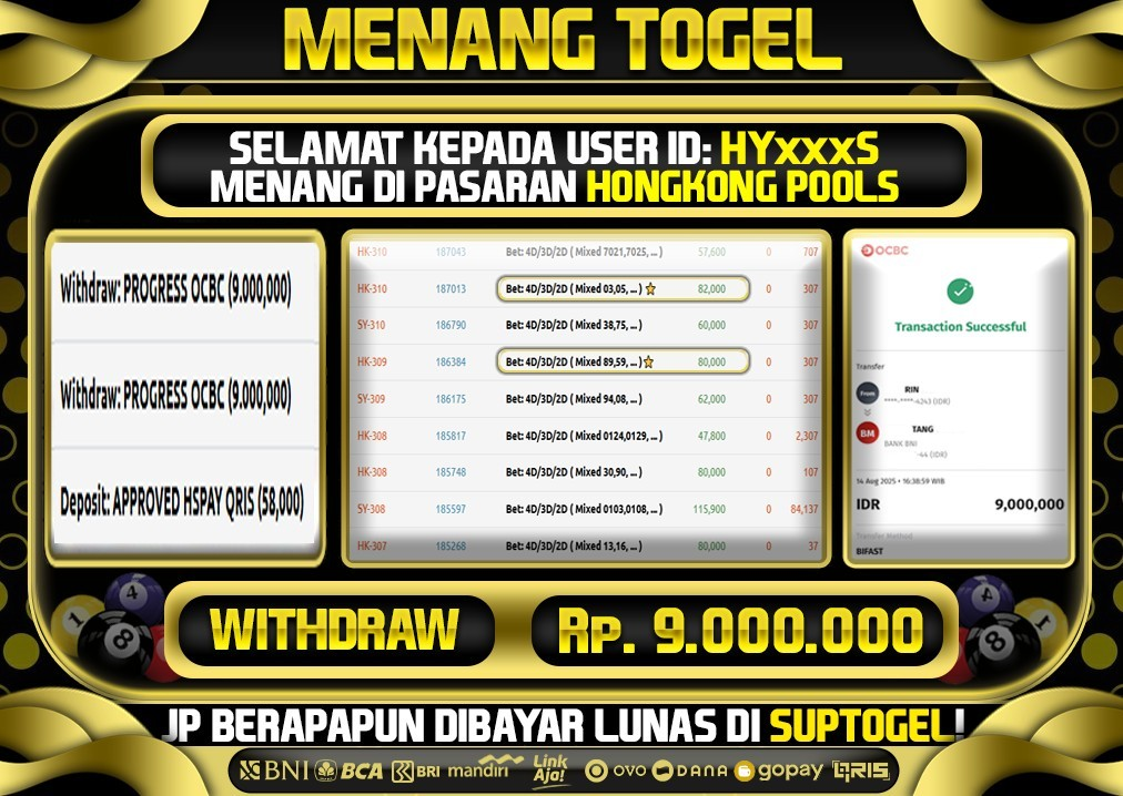  BUKTI KEMENANGAN 14 AGUSTUS 2025 MENANG DI PASARAN HONGKONG POOLS TOTAL WD 9 JUTA